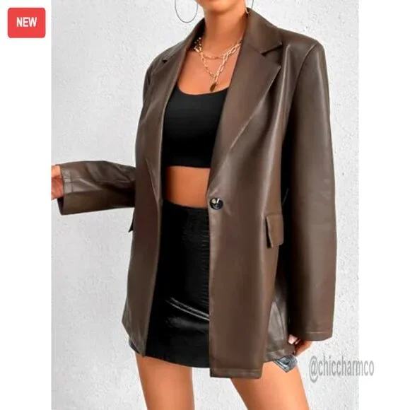 Faux Leather Blazer Jacket Moto Biker Coat Long Sleeves Button Slim Fit - Picture 2 of 6